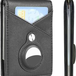 Slim Bifold Wallet for AirTag with Spring Money Clip, Mens Minimalist Bifold Wallet with Built-in Holder for AirTag