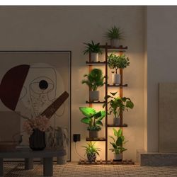Brand new Wood Plant Stand With Grow Lights Indoor Plants Outdoor Corner Plant Shelf Flower Stands for Living Room Patio Garden Corner Balcony (Brown,