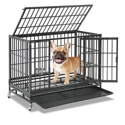 Homey Pet 37 inch Stackable Heavy Duty Dog Crate, Indestructible Escape Proof Dogs Cage Kennel with Lockable Wheels, Removable Tray & Metal Grid, Doub