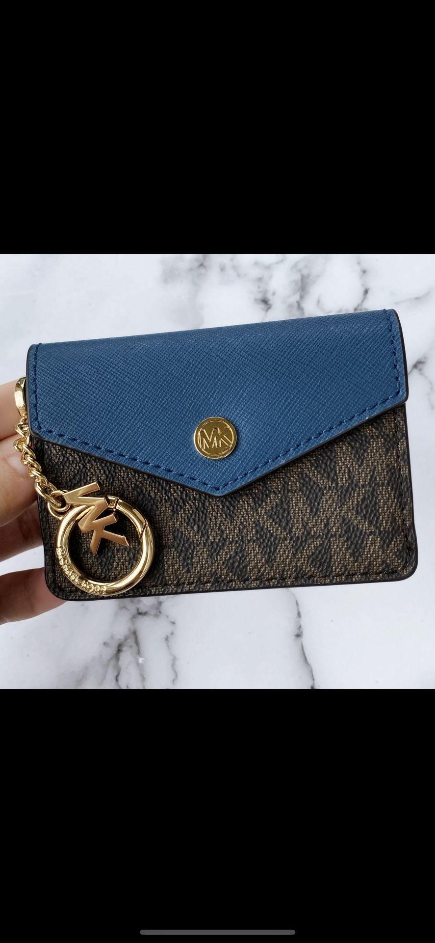 Michael Kors Kala Keychain Card Case Brown MK Signature PVC Dark Chambray Blue