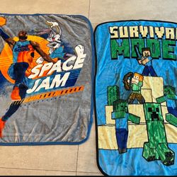 Kids blankets. Basketball Space Jam Minecraft  Basketball themed one is 5 x 7 feet for $10 Two smaller Minecraft and space jam ones are around 4 × 3 f