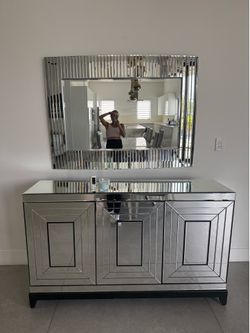 Mirrored Sideboard Buffet and Matching Wall Mirror Set
