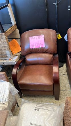 Brown Leather Recliner Chair with Wood Arms