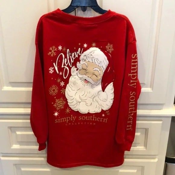 Simply Southern youth medium Long Sleeve Red Crewneck Santa Christmas Tee Believe top t tee shirt