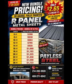 Bundle of 25 pcs of 12ft R panel metal sheets,  26 gauge, 40 years paint only $795