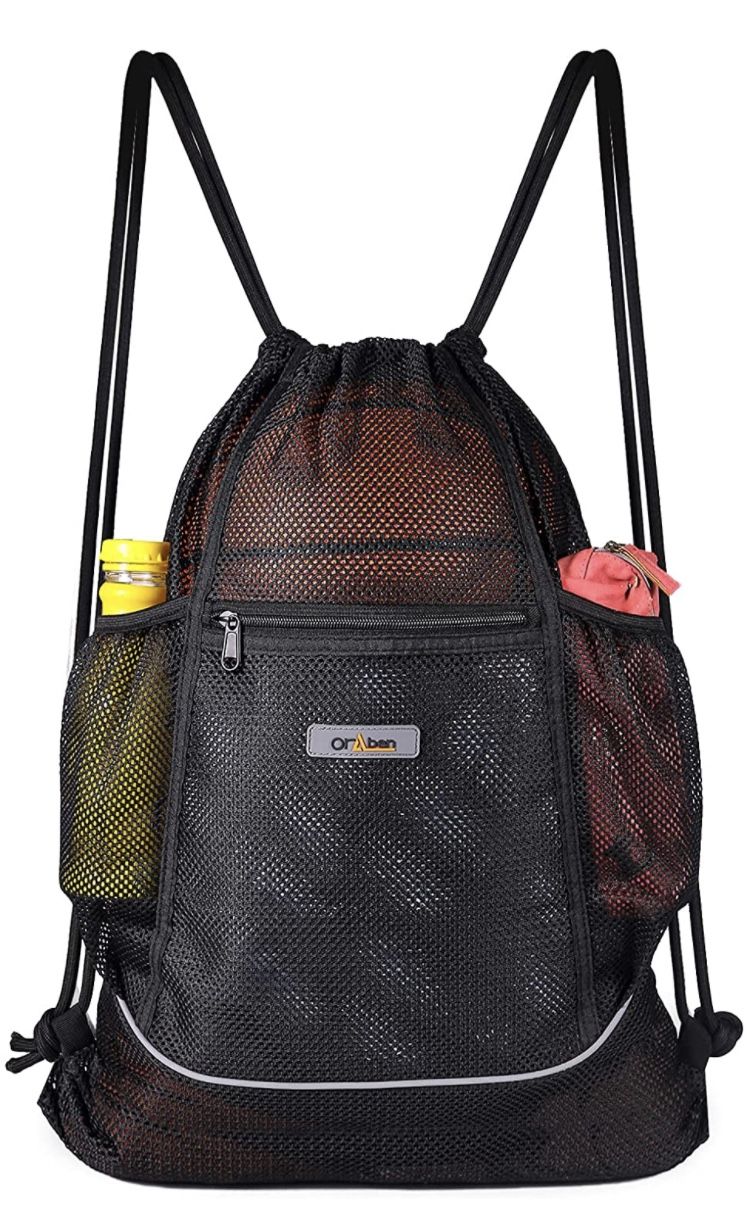 Oraben Drawstring Mesh Backpack Bag, Large Heavy Duty Mesh Drawstring bag for Soccer Ball, Beach Toys