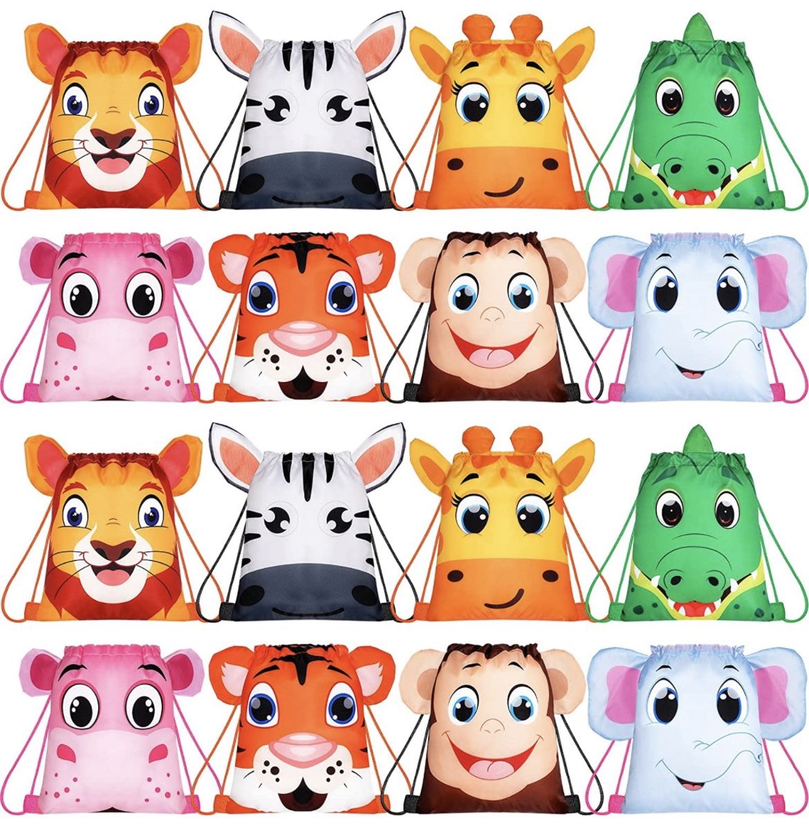 Hillban 16 Pcs Animal Drawstring Gift Bags Farm Zoo Jungle String Party Goody Bags Party Favor Bags Carton Animal Drawstring Backpack with Ear for Kid