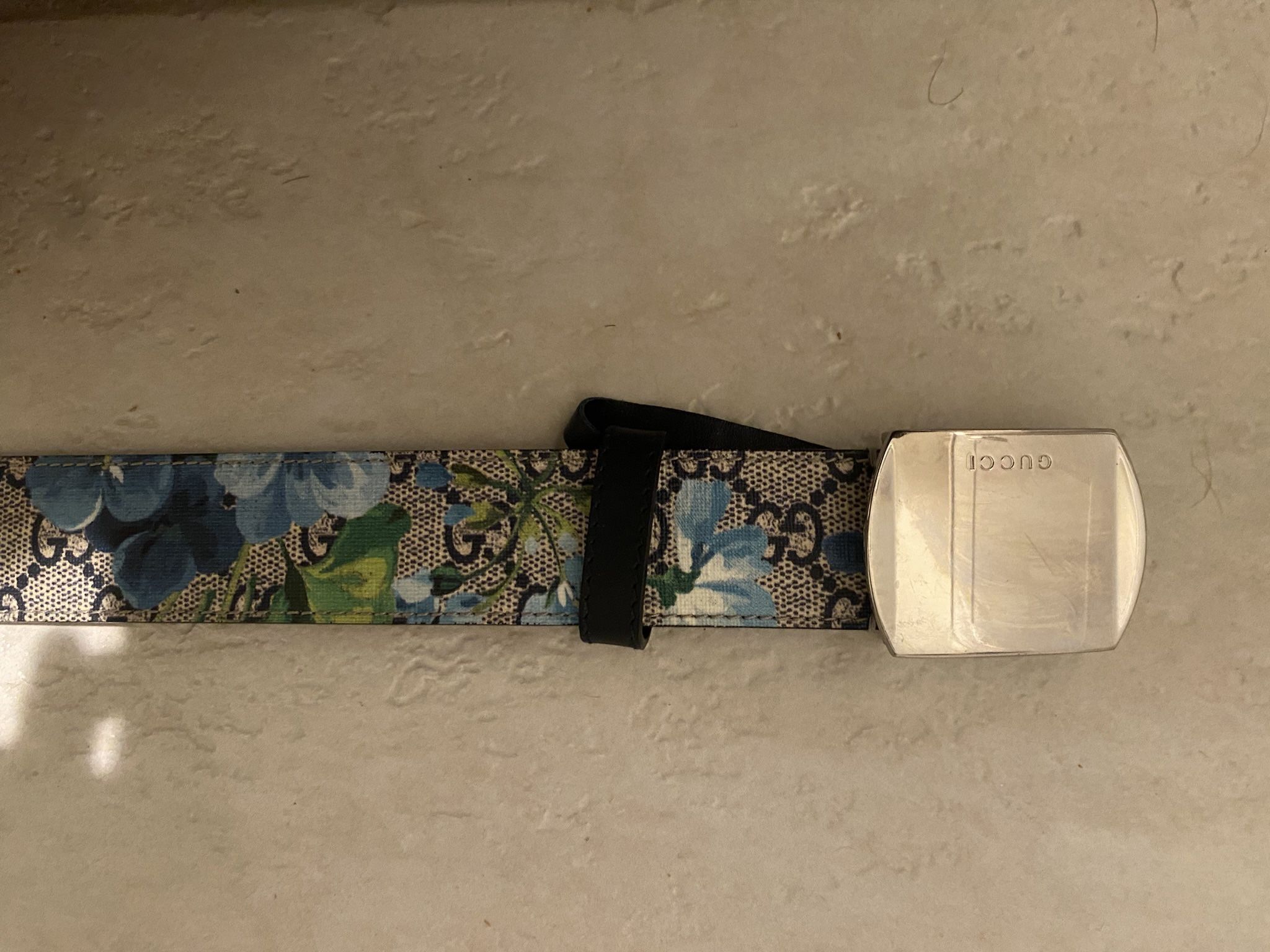 Gucci Bloom Blue Flower Patterned belt, Gucci Silver Clasp