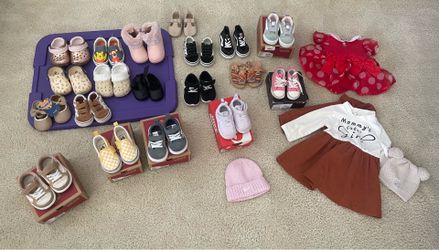 Baby Girls Shoes Sizes in Pictures from  0-6 months to Size 4T. All in Mint Condition over 15 pairs and 2 outfits take all.