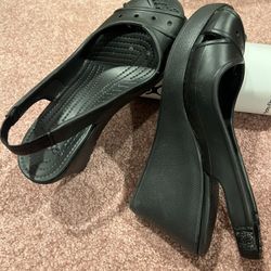 Crocs Women Size 10 Farrah Black Slingback Wedge Heels Peep Toe Sandals
