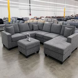 🔥 Gray Chenille Sectional Sofa | Ottoman • USB Port • Spacious Comfort | 🚚 Delivery Available 💳 Financing Available 🔥