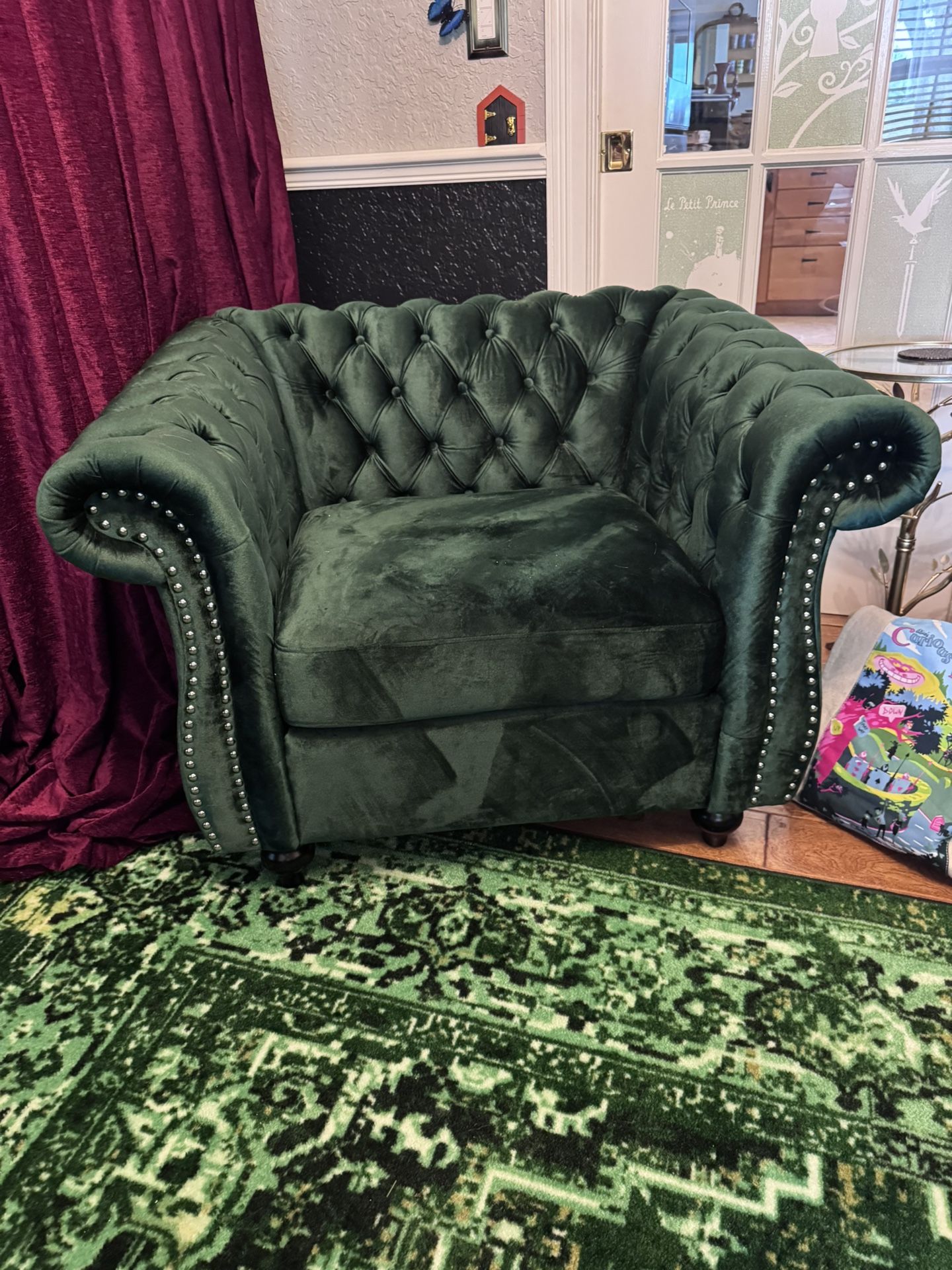 Green Velvet Chesterfield Armchairs (2 Available)