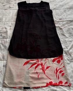 Allsaints Lilia Screen Dress 100% silk black sheer overlay in cream and red floral midi dress, size 2
