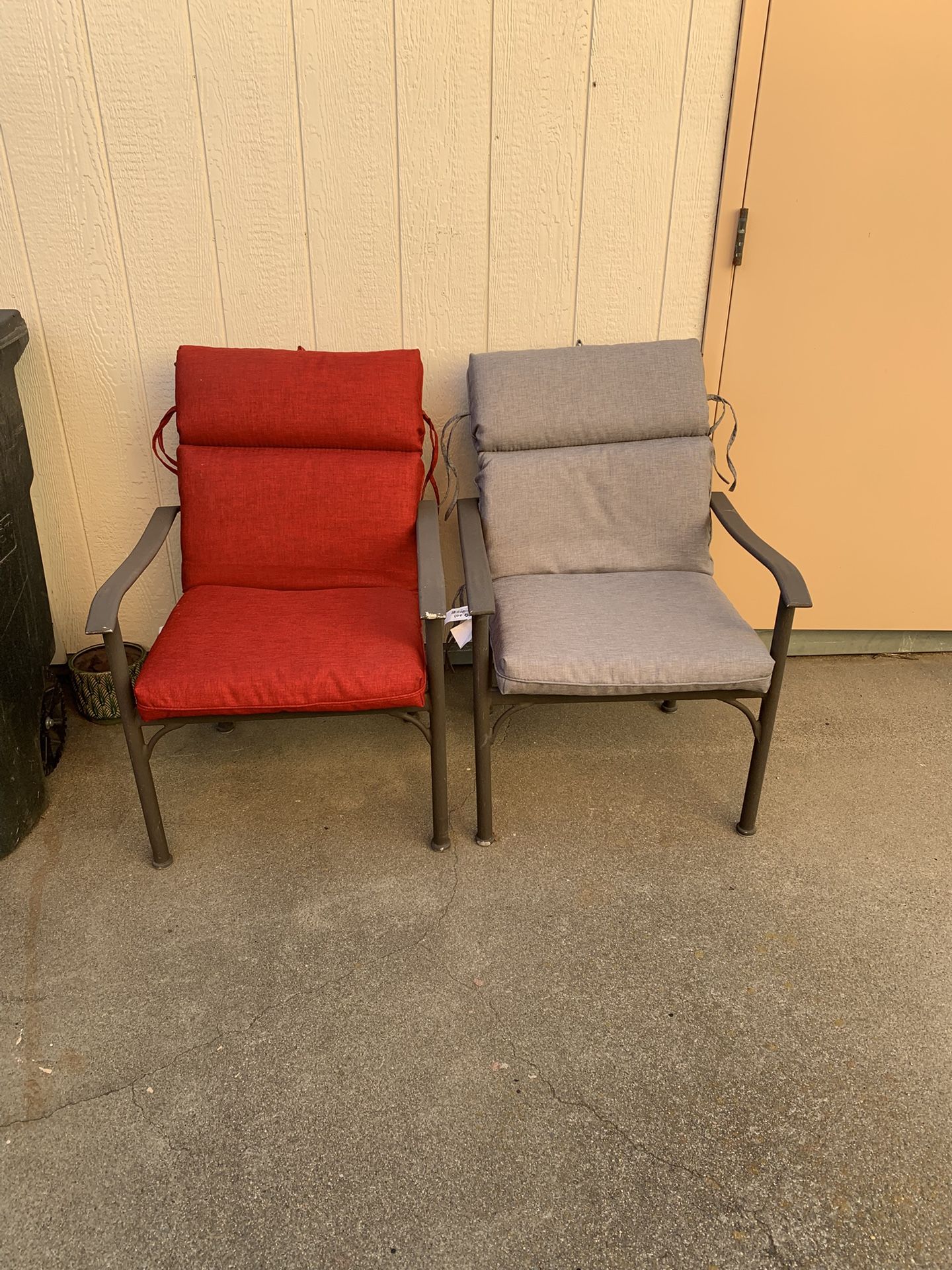 4 Patio Chairs w/ Cushions – 2 Red + 2 Gray – $180 Set 