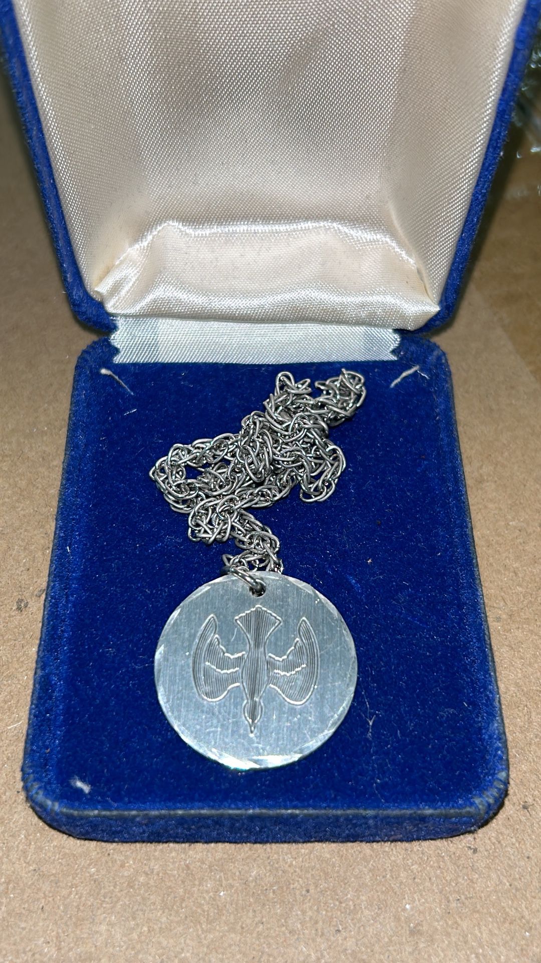 Vintage Bird Pendant Necklace Etched Pewter in Box