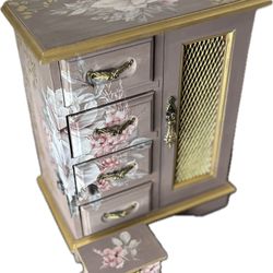 Painted Vintage Gray Floral Jewelry Box With Bonus Trinket Box