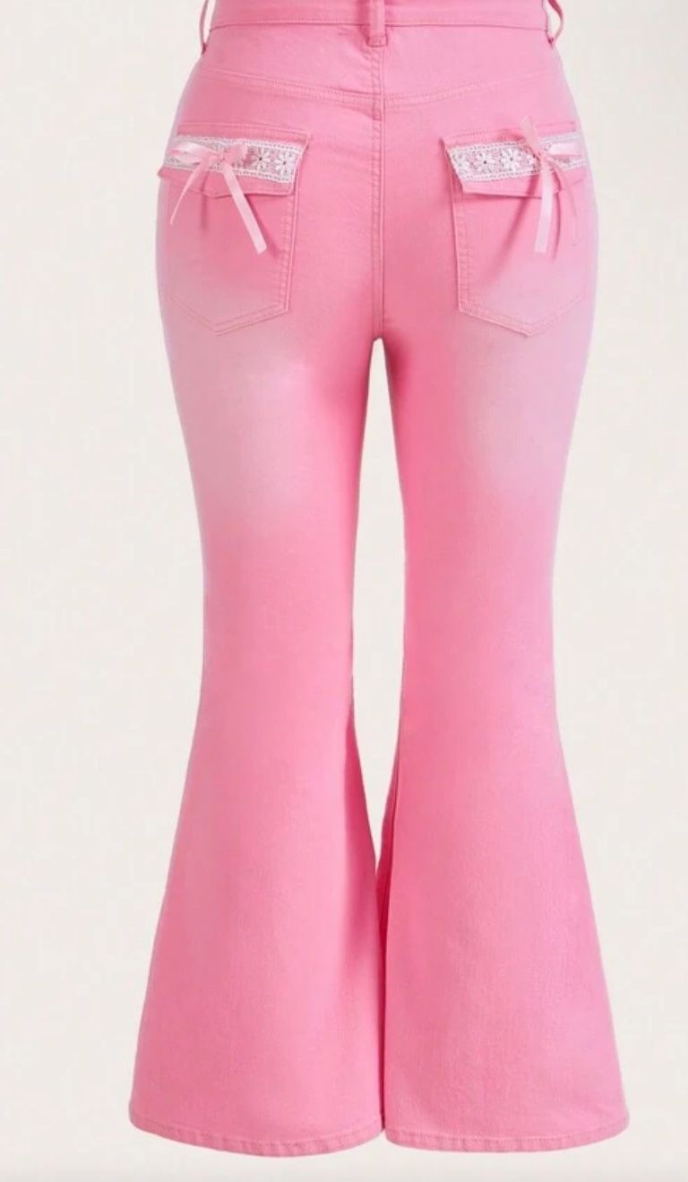 Women Pink With Bow Flared Bellbottom Pants Bell Bottoms Jeans