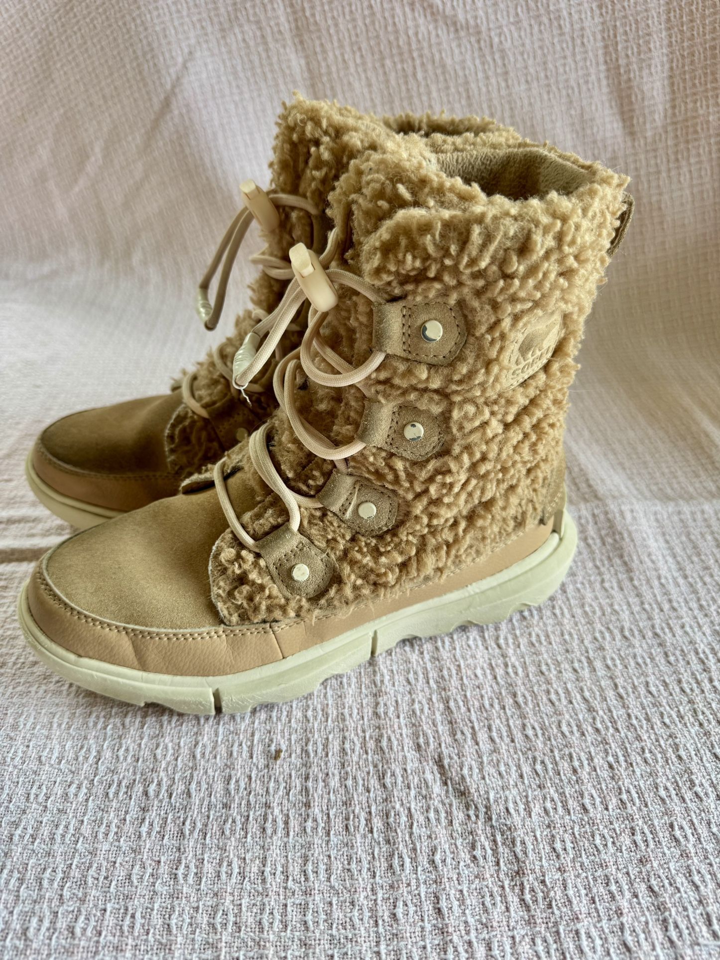 Kids Sorel Winter Boots Explorer Cozy Brown Suede Faux Fur 