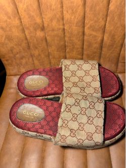 Gucci Canvas GG Monogram Angelina Platform Slide Sandals 38 Beige Ruggine