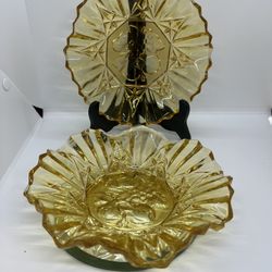 VTG  Set Of 2 - 8” Federal Glass Amber Glass Pioneer Fruit Pattern Bowls 1970’s