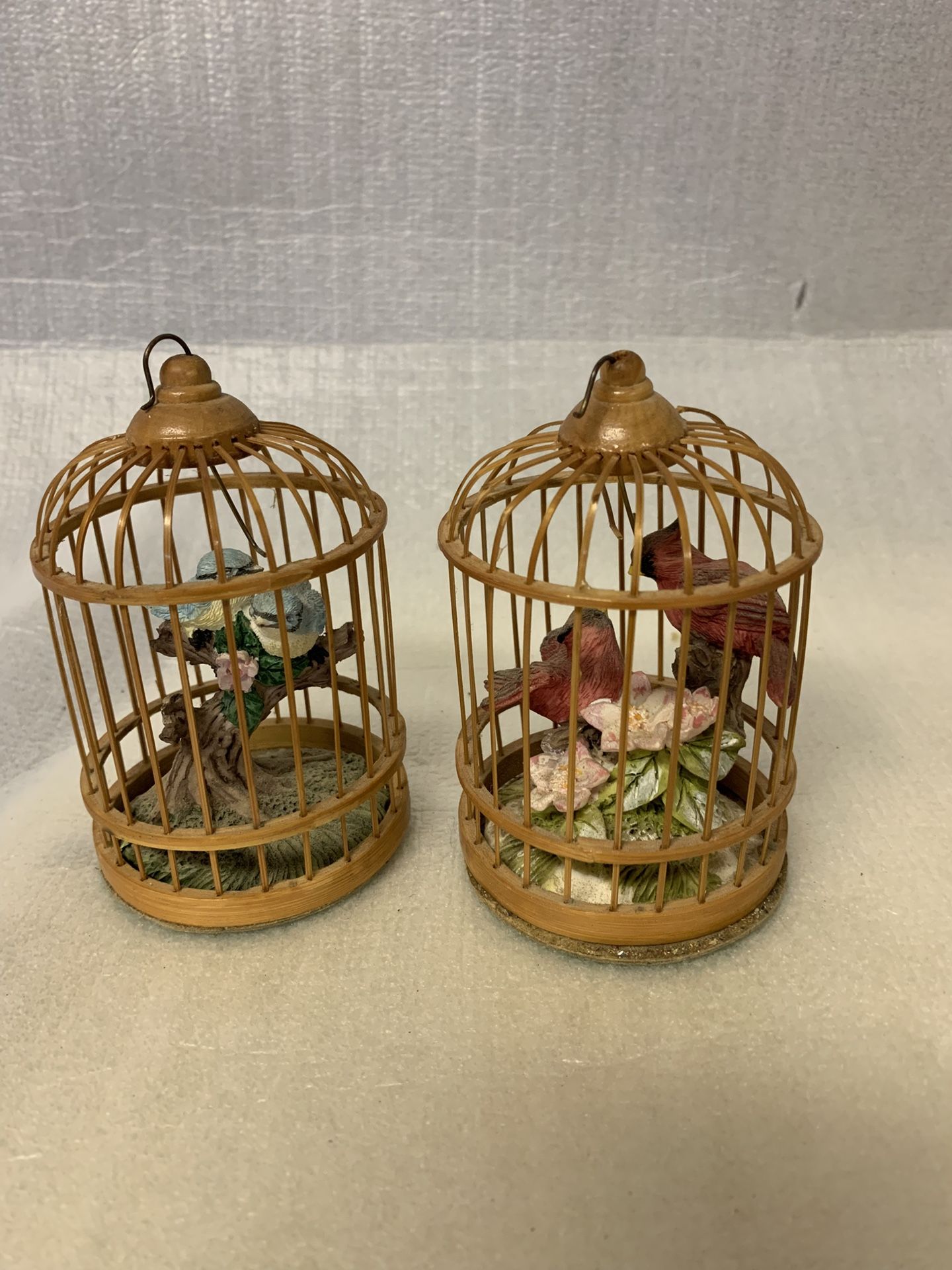 Pairs Of Vintage Chinese Bamboo Bird Cages With Resin Birds Ornament 4" Miniature