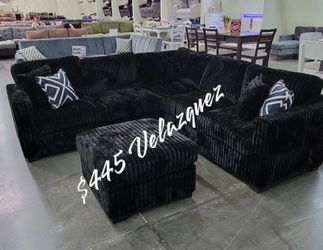 ✅️✅️ 4pc Black  corduroy fabric upholstered sectional sofa with ottoman ✅️✅️