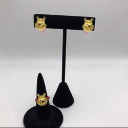 Clip-On Winnie The Pooh Earrings and Plastic Adjustable Ring