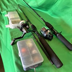 Two Fishing Rods, Reels, and Assorted Tackle
