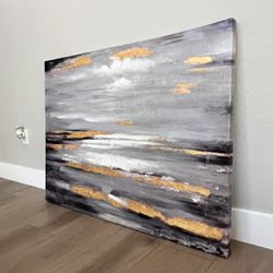 48x36 Extra LARGE Blue/Grey & Gold Foil Textured Canvas Wall Art