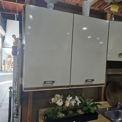 Metal Mid Century Kitchen Cabinet 2 Doors with Wood Trim
