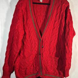 Vintage Jones New York Cable Knit Button Up Red Cotton Cardigan Sweater Women's Medium