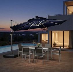 12 Feet Cantilever Umbrella Large Round Umbrella Outdoor Umbrellas Offset Sun Umbrellas Patio Umbrella with Base and Solar Lights
