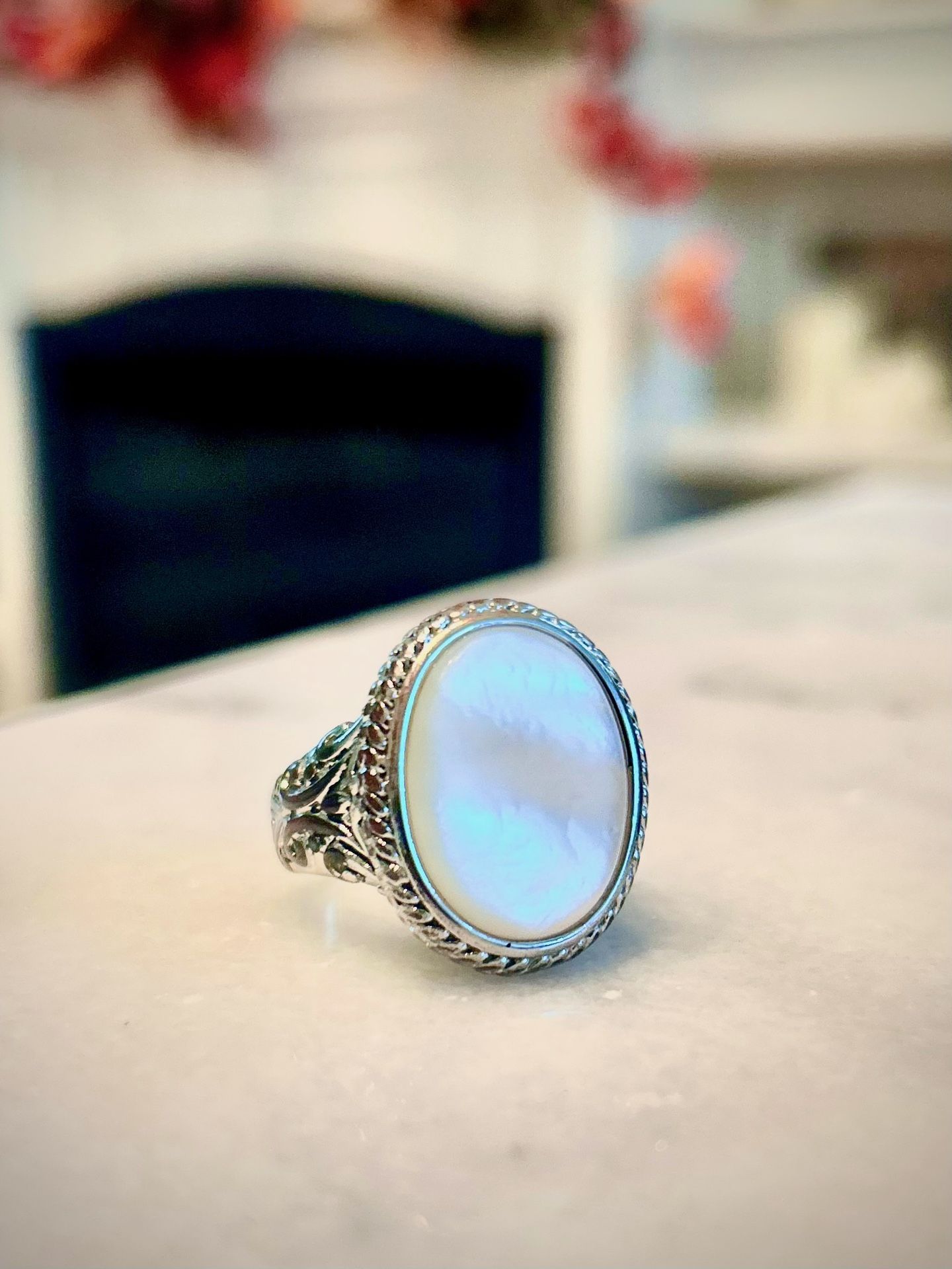 Vintage Sterling Silver Mother of Pearl Ring – Ornate Filigree Boho Statement Jewelry, Size 7