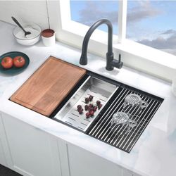 ALL SINK 32 Inch Undermount Workstation Kitchen Sink Single Bowl (Dark Grey)