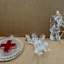  3 Clear Glass Christmas Ornaments Set Red Cross Angel Figures Religious