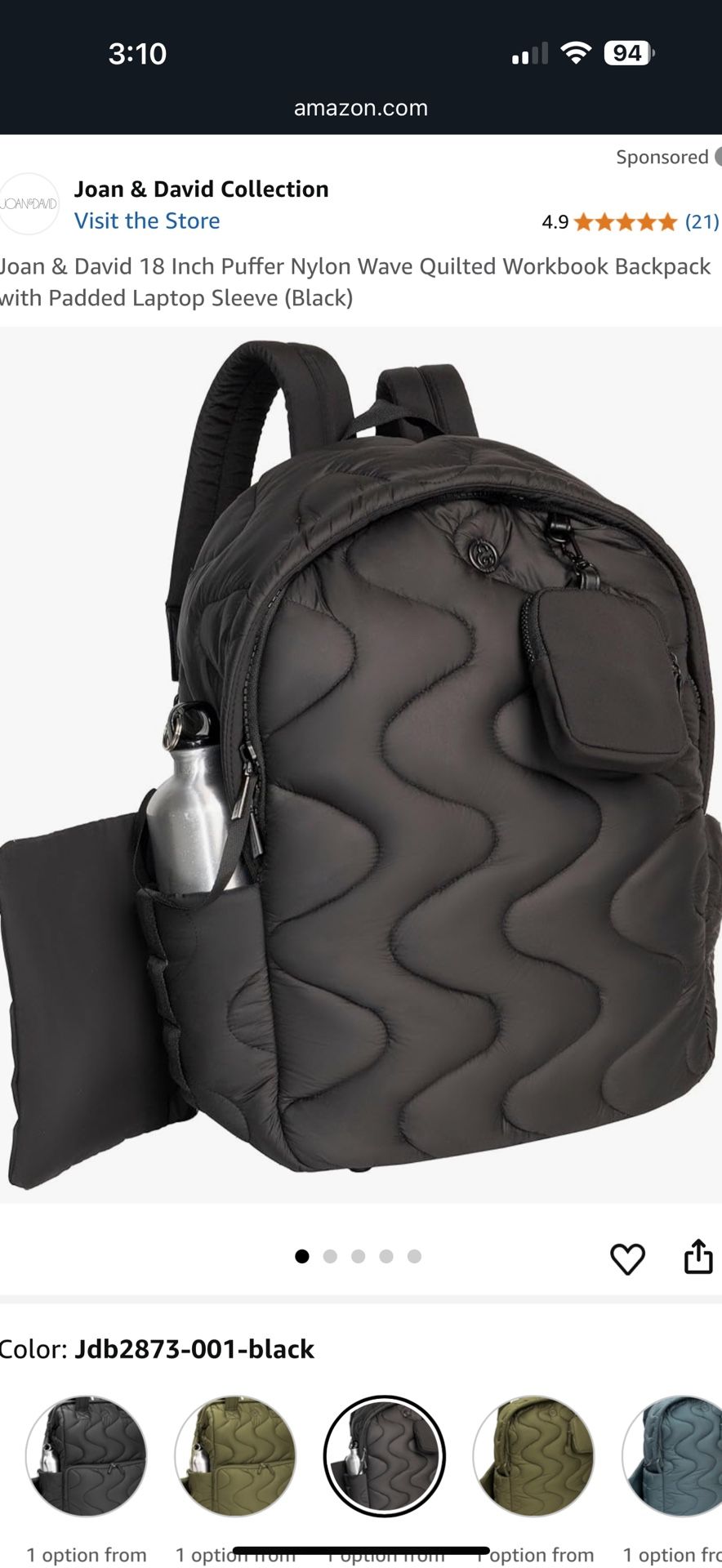 Sport Nylon Quilted Puffer Backpack With Laptop Padded Sleeve