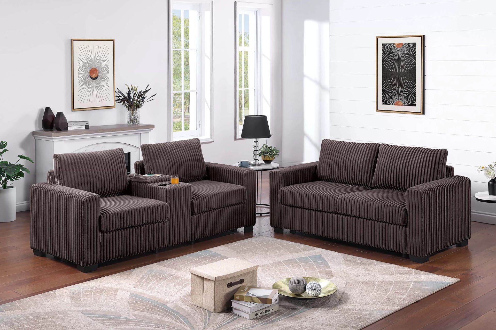 Brand New Brown Corduroy 2 Piece Sofa Set Sofa + Loveseat + Cup Holders + Console + Charging Station