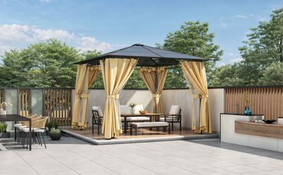 TREXM 10'x10' Hardtop Outdoor Gazebo with Polycarbonate Roof, Patio Gazebo with Aluminum Frame, Mosquito Netting and Privacy Screens for Shade and Rai