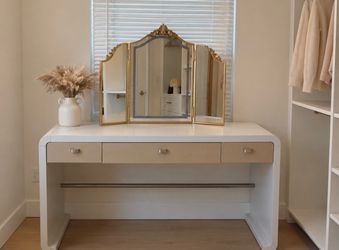Cream Vanity Desk with Trifold Gold Mirror