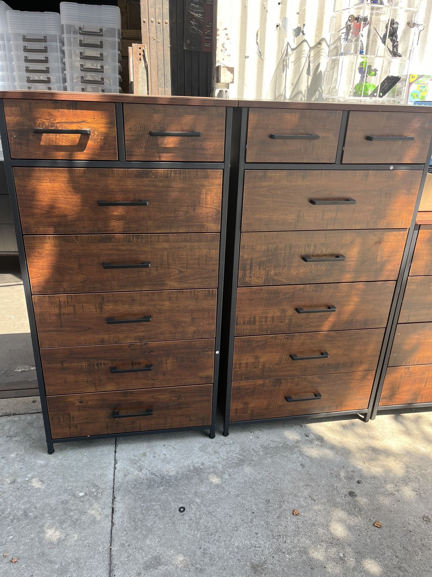 2pcs/7 Drawer Tall Dresser, Industrial Wood Storage Clothes Organizer, Sturdy Steel Frame for Bedroom,Brown