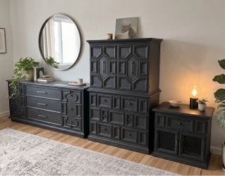 Refinished Black 3-Piece Modern Bedroom Set | Dresser, Armoire & Nightstand