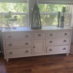 Long Cream Dresser With Teal Knobs & Crackle Finish