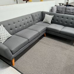 New Mid Century Sectional.  Grey.  111” X 85”.  Free Delivery!