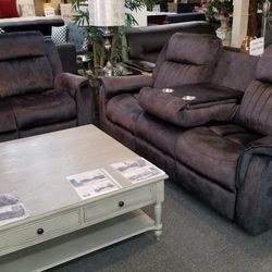 Brand New Gray Fabric Manual Reclining Sofa + Loveseat With Cup Holders