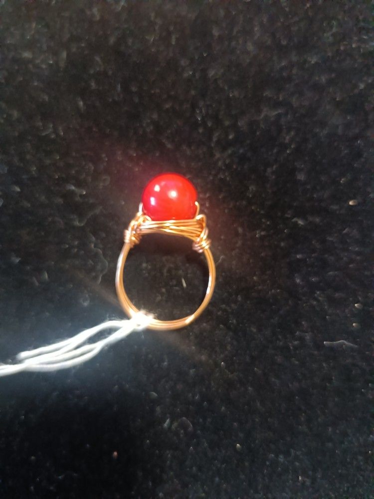 Coral And Copper Wire Wrap Hand Made Ring