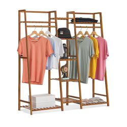 MoNiBloom Bamboo Clothes Rack with Double Rods and Storage Shelves Open Wardrobe Rack ❗️