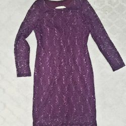 Elegant Purple Sequins & Lace Dress Featuring Long Sleeves, Keyhole Back, Scalloped Hem, Lace Overlay Woven With Shimmering Sequins, Size 14P!