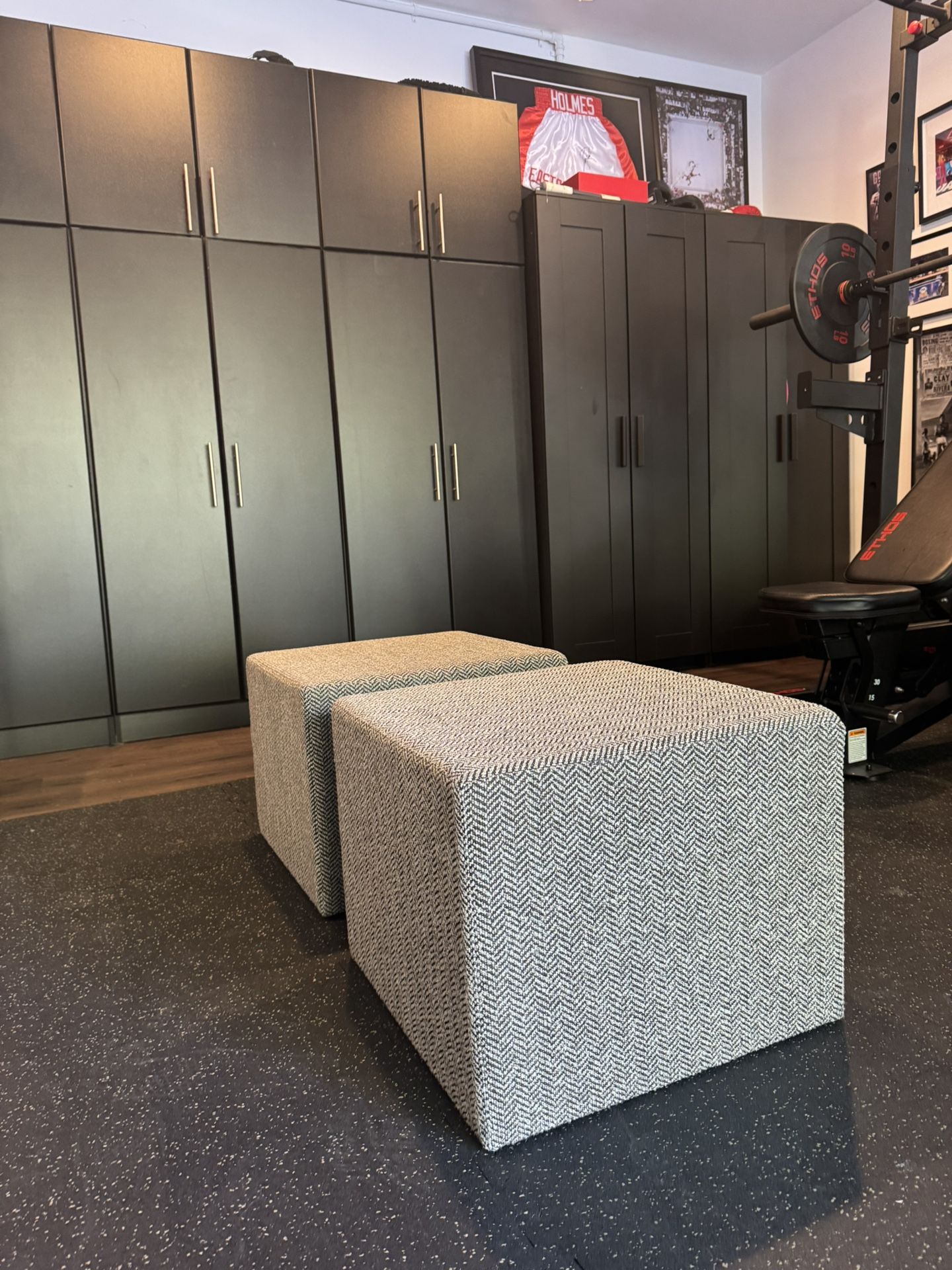 2 Grey Herringbone Ottomans / Accent Stools