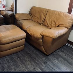 Mustard, leather sofa with leather fluffy ottoman