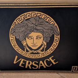Versace Medusa custom painting with glittered hair and gold studded rivets 40-in x 30in 